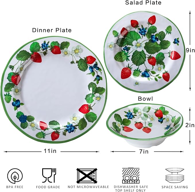 LEHAHA Strawberry Melamine Dinnerware Sets-12pcs Plates and Bowls Set, Lightweight/Unbreakable Camping Dishes Set for 4, Cute Kitchen Dinner Set for Indoor Outdoor Use