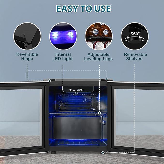 Electactic 48 Can Beverage Refrigerator,12 Bottle Wine Cooler with Stainless Steel Glass Door, Digital Temperature Display, Countertop Mini Fridge for Soda, Wine or Beer, Silver