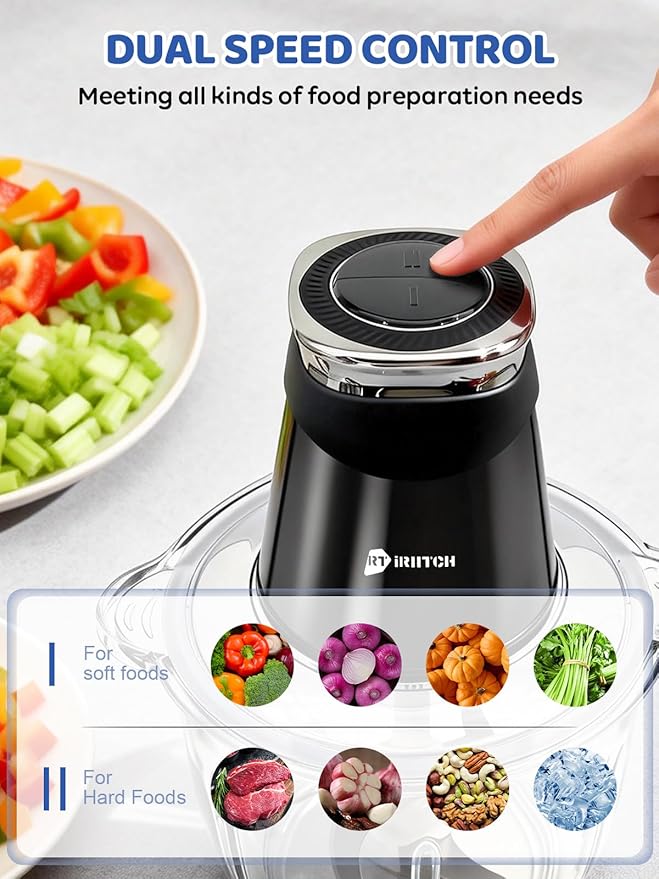iRIITCH Food Processors, Electric Food Chopper with Meat Grinder & Vegetable Chopper - 2 Bowls (10 Cup+5 Cup) with Powerful 500W Copper Motor - Includes 2 Sets of Bi-Level Blades for Fruits/Meat/Nuts