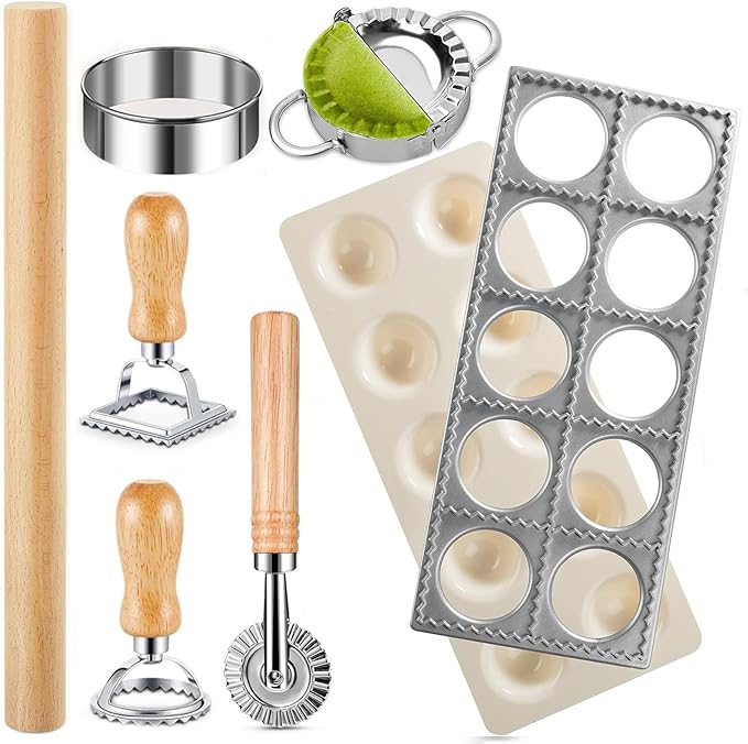 8 Piece Ravioli Press Mold Set,Pasta Making Tools, Ravioli Kit Include 10 Holes Ravioli Maker, 3 Pasta Cutter Stamp Makers,Rolling Pin,Ravioli Making Kit for Home Kitchen Supplies (8)