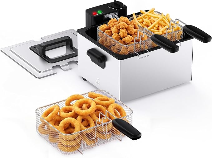 OLIXIS Deep Fryer for Home Use, Large Electric Fryer with 3 Blankets, 5 Liter Capacity, 1800W Power, 4 Adjustable Temp, Lid with Viewing Window for Fried Chicken, Shrimp, French Fries, Silver