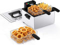 OLIXIS Deep Fryer for Home Use, Large Electric Fryer with 3 Blankets, 5 Liter Capacity, 1800W Power, 4 Adjustable Temp, Lid with Viewing Window for Fried Chicken, Shrimp, French Fries, Silver