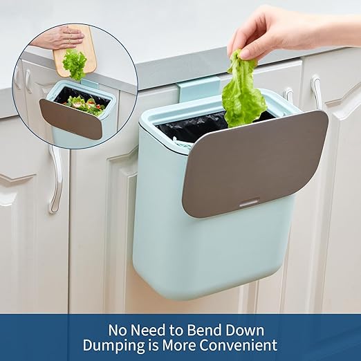 Hanging Kitchen Trash Can with Lid - 2.4 Gallon Small Compost Bin for Cabinet Door, Under Sink - Odor-Sealing Stainless Steel Top Food Waste Bin for RV, Bathroom, Office - Indoor Recycling Bin