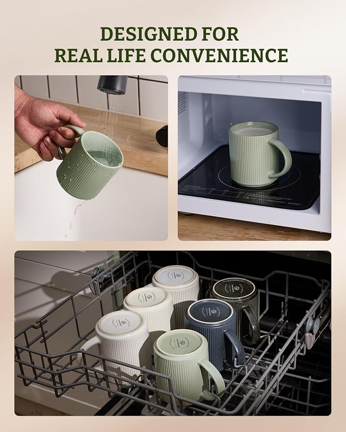 famiware Coffee Mug Set for 4, Star 16 oz Catering Mugs Cup Set with Handle for Coffee, Tea, Cocoa, Milk - Ceramic Stoneware Drinkware Set, Matte Green