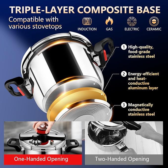 Stainless Steel Pressure Cooker 6 quart Commercial Stove Top Pressure Cooker for canning, pressure cooker 6+ quart, Compatible with Gas & Induction, Fast Cooking for large Meals, Dishwasher Safe,