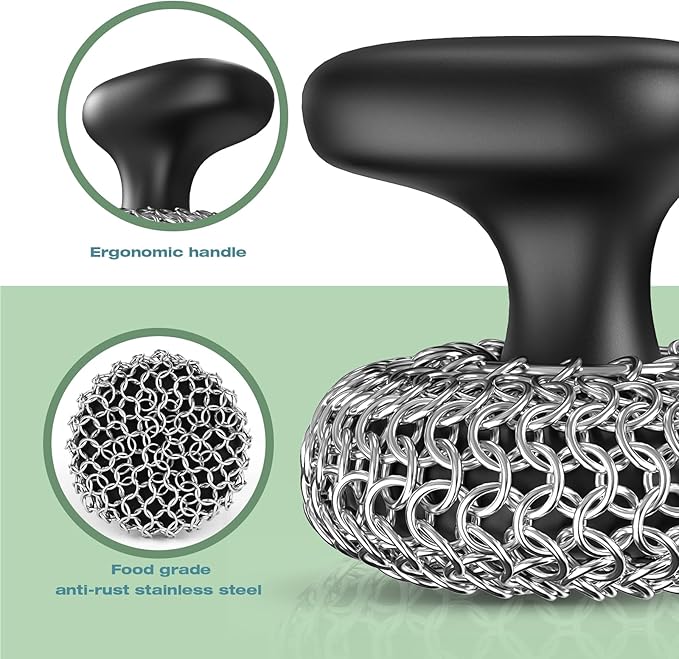 Cast Iron Scrubber | Dish Scrub Brush | 316 Cast Iron Cleaner Chainmail Scrubber Circle + Square 2PCS