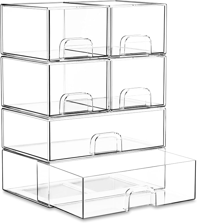 Stackable Storage Drawer Organizers Set of 6 for Bathroom Organizer Storage | Clear Plastic Organizer Bins for Baby Bottle, Kitchen Under Sink, Laundry, Pantry, Beauty, Cabinet, Medicine, Office Supplies