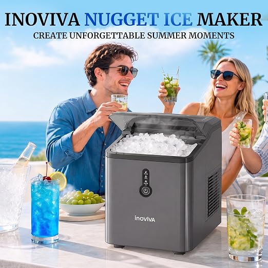 INOVIVA Ice Makers Countertop, Nugget Ice Ready in 6 Mins,26.5LBS/Day, FLASHCHILL™, Self-Cleaning Ice Machine, Compact Portable Design for Home, Kitchen, Office & Party