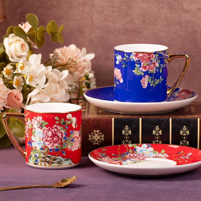 KAMMAK Tea Cups and Saucers Set of 2, Porcelain Coffee Cups with Saucer for Espresso, Cappuccino, 7.4oz Vintage Red and Blue Ceramic Novelty Mug for Home, Tea Party, Office, 631+632N