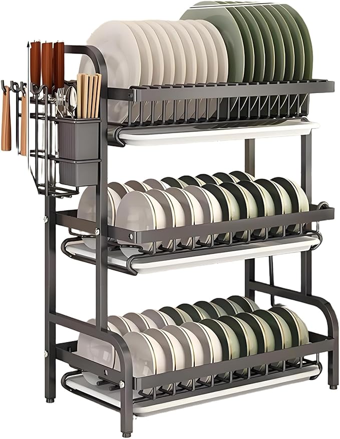 2/3 Tier Kitchen Counter Dish Drying Rack, Carbon Steel Dish Strainers with Drain Tray,Chopsticks Rack,Knife Holder, Over The Sink Dish Racks Storage Rack(W21(3 Tier), Black)