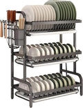 2/3 Tier Kitchen Counter Dish Drying Rack, Carbon Steel Dish Strainers with Drain Tray,Chopsticks Rack,Knife Holder, Over The Sink Dish Racks Storage Rack(W17(3 Tier), Black)
