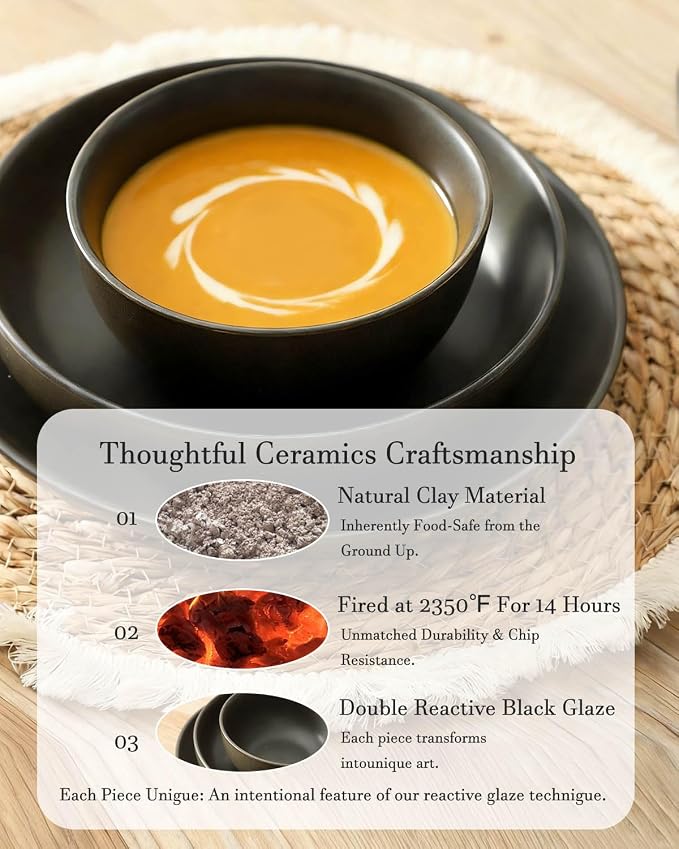 Plates and Bowls Sets, 12-Pieces Stoneware Dinnerware Set Ceramic, Matte Black Dishes Set for 4, Scratch Resistant, Microwave and Dishwasher Safe Tableware, Porcelain
