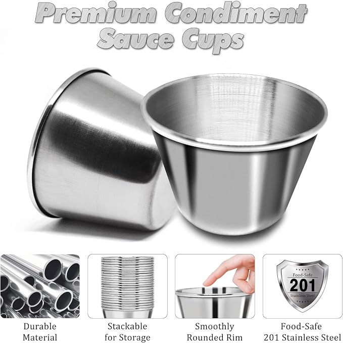 DJZZ 50 Pcs Metal Sauce Cups 2.5oz Ramekins, Stainless Steel Dipping Sauce Cups Metal Condiment Container Reusable Round Butter Dressing Restaurant Small Bowls (50)