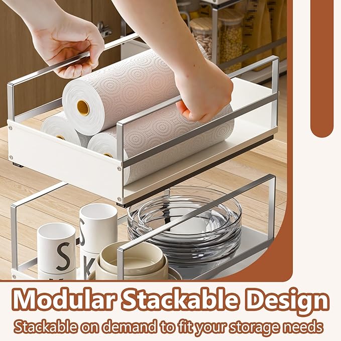 Pull Out Cabinet Organizer with Adhesive Nano Film, Heavy Duty Slide Out Pantry Shelves Drawer Storage, Under Sink Organizers for Bathroom, Kitchen (White,Stackable-11”W x 16.54”Dx 14.57”H)