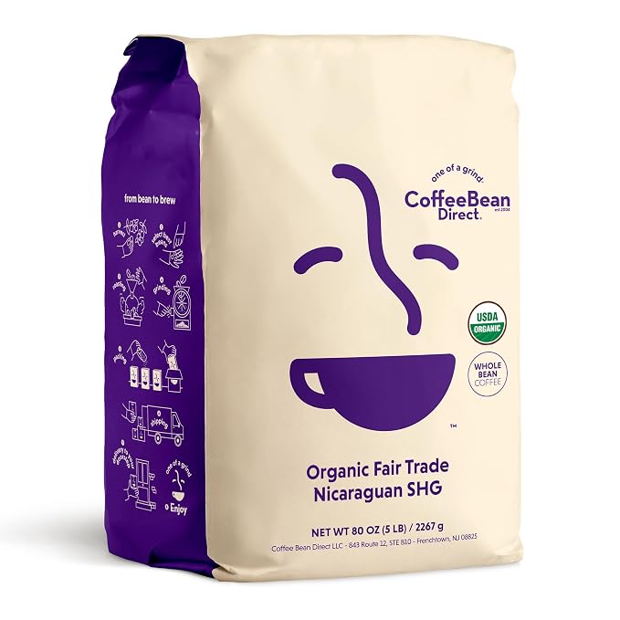 Coffee Bean Direct Organic Fair Trade Nicaraguan SHG, Whole Bean Coffee, Arabica Coffee, Light Roast, 5 Pound Bag (Pack of 1)
