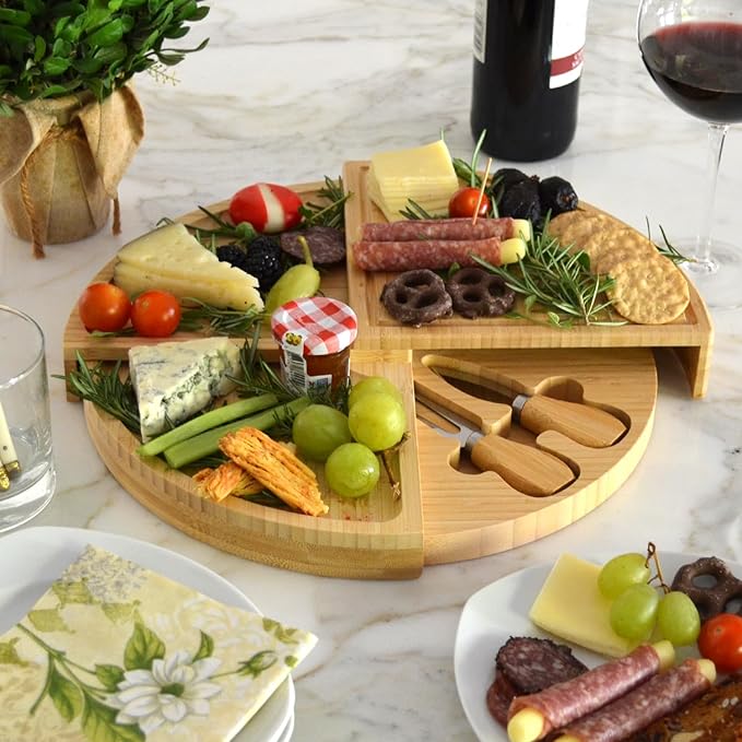 Picnic at Ascot Custom Personalized Engraved Bamboo Cheese/Charcuterie Board - US Patented Designed enables All in One Storage