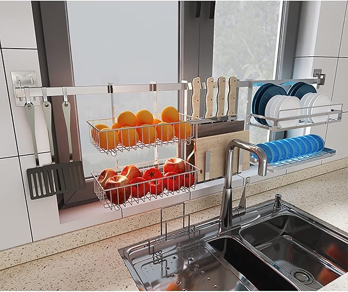 Stainless Steel Wall Mounted Dish Drying Rack, Dish Shelf Kitchen Storage Organizer, Chopsticks Cage Knife Holder, Space Saving, 31.4 inches