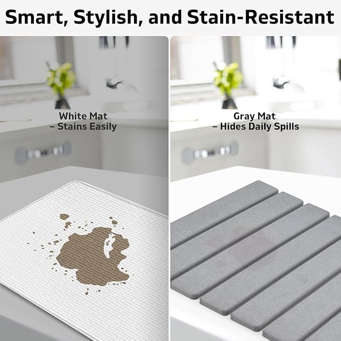 Large Stone Dish Drying Mat for Kitchen Counter, 24"(L)×16"(W), Collapsible Quick Dry Dish Drying Mat, Ultra Absorbent Diatomaceous Earth Mats for Dishes Bottles Cups, Match Any Countertop (Dark Grey)