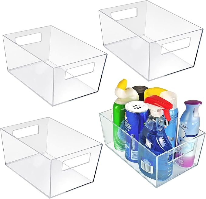 Azar Displays 556239 XL Clear Plastic Organizer Storage Tote Bin with Handle, Pantry Storage, Kitchen and Fridge Organizer, Cabinet and Drawer Container 13"W X 9.5"D X 6.5"H, 4-Pack