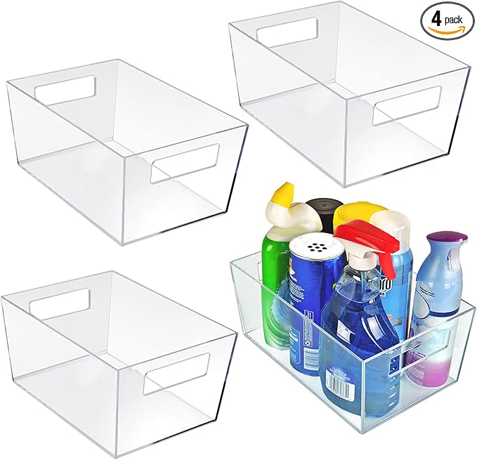 Azar Displays 556237 Large Clear Plastic Organizer Storage Tote Bin with Handle, Pantry Storage, Kitchen and Fridge Organizer, Cabinet and Drawer Container 11.25""W x 7.5""D x 5""H", 4-Pack