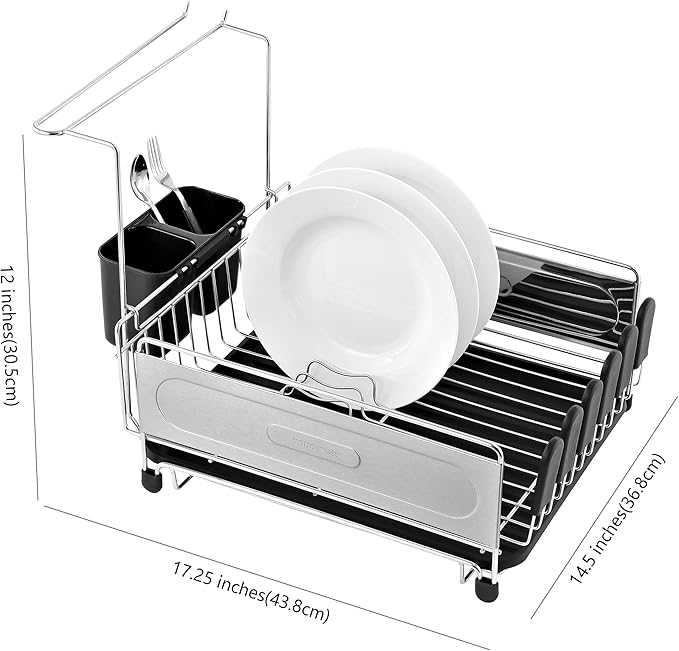 Eyely HSD1000A Compact 17.25" Stainless Steel Rust-Proof Dish Drying Rack with Removable Tray, Removable Utensil Holder, and Wine Glass Holder, Stainless Steel/Black, Silver/Black