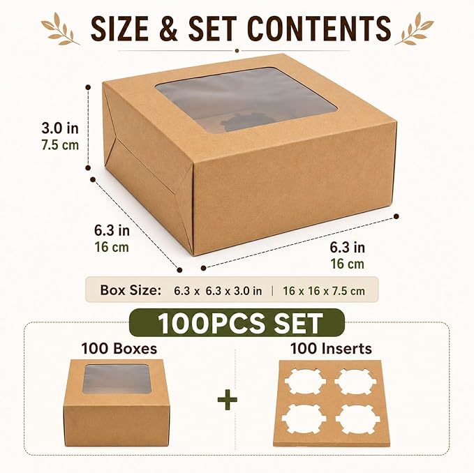 QTLCOHD 100Pcs Cupcake Boxes 4 Count with Window 6x6x3 Inch | Cupcake Containers Brown Cupcake Box Bulk for Cupcakes Muffins Cookies Pastries