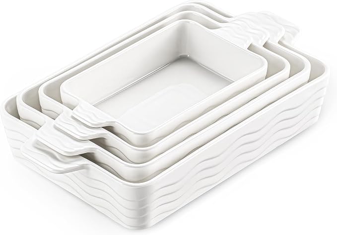 Estmoon Casserole Dishes for Oven, Ceramic Baking Dishes Set of 4, Porcelain Baking Pan with Handles, Rectangular Lasagna Pan for Baking, Wedding Gifts, Casserole, Kitchen, White(7.5''/9"/10.6"/12")