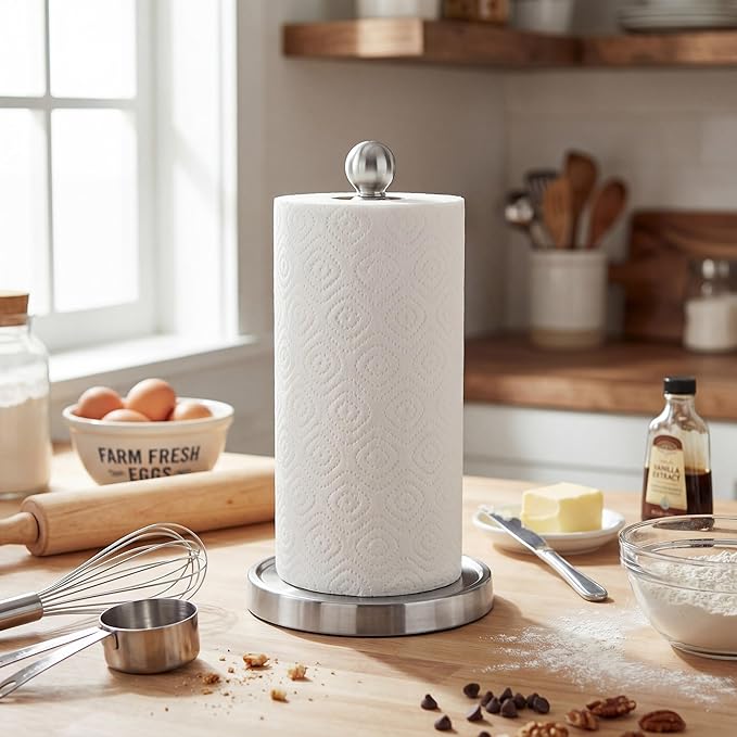 theaoo Paper Towel Holder Countertop, One-Handed Tear Paper Towel Stand Dispenser with Damping Function for Kitchen Bathroom, Stainless Steel Paper Towel Holder with Weighted Non-slip Base (1, Silver)