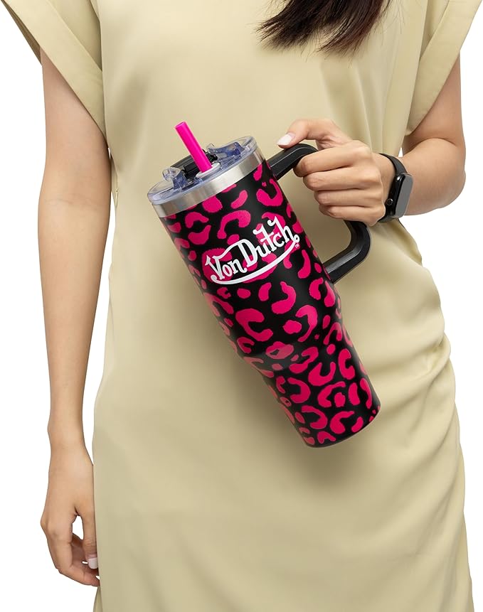 Von Dutch Hot Pink Cheetah 40oz Double Walled Insulated Food Grade Stainless Steel Tumbler, BPA Free - 24 Hours Cold / 10 Hours Hot