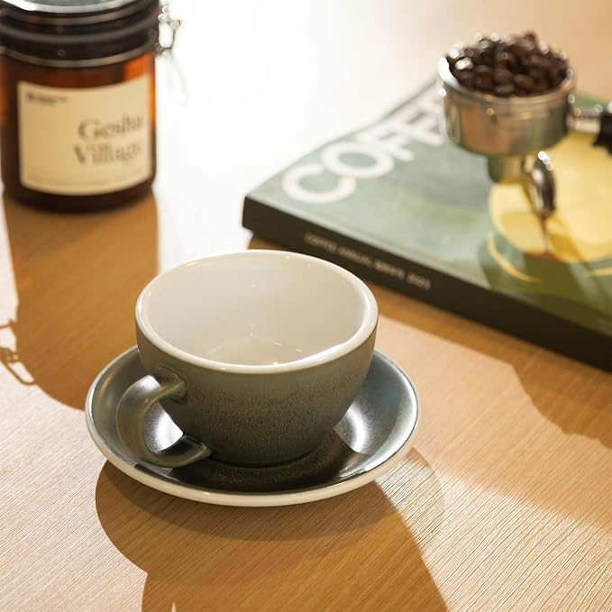 Loveramics Matt Cappuccino Cup, 10 oz Ceramic Latte Art Mug with Saucer, Thick-walled stoneware cup Set, Barista Latte Cup Set for Latte, Cappuccino, Tea - Mineral Colors (Forest, 10OZ)