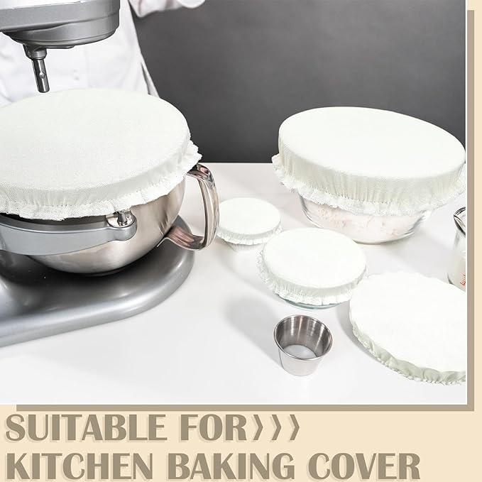 Patelai 10 Pcs Bowl Covers Reusable in 5 Size Stretch Cloth Fabric Elastic Food Storage Bowl Covers Bread Sourdough Lids for Proofing Food Fruits Leftover(White,Ivory Style)