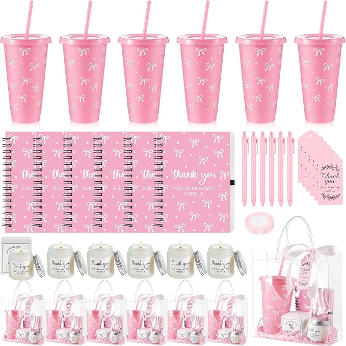 Nuogo 6 Sets New Parent Shower Prizes for Player Winners Adult, Wedding Bridal Shower Gift, Plastic Tumbler Notebook Scented Candle Ballpoint Pen Bag (Pink Color,Bow Style)