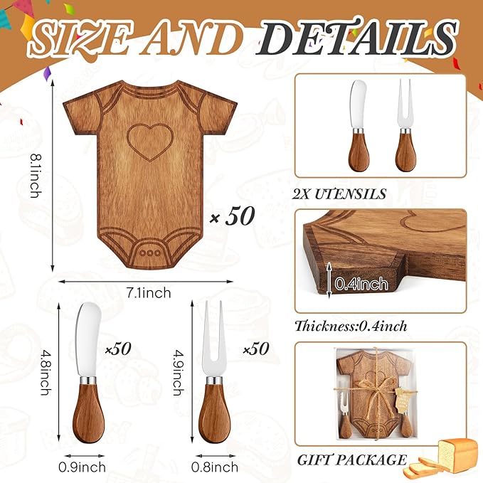 Ziliny 50 Set Baby Shower Gifts for Guest Prizes Clothing Shaped Mini Charcuterie Board Small Cheese Cutting Board Set with Knives Forks Baby Shower Party Favor Thank You Return Gifts (Acacia Color)