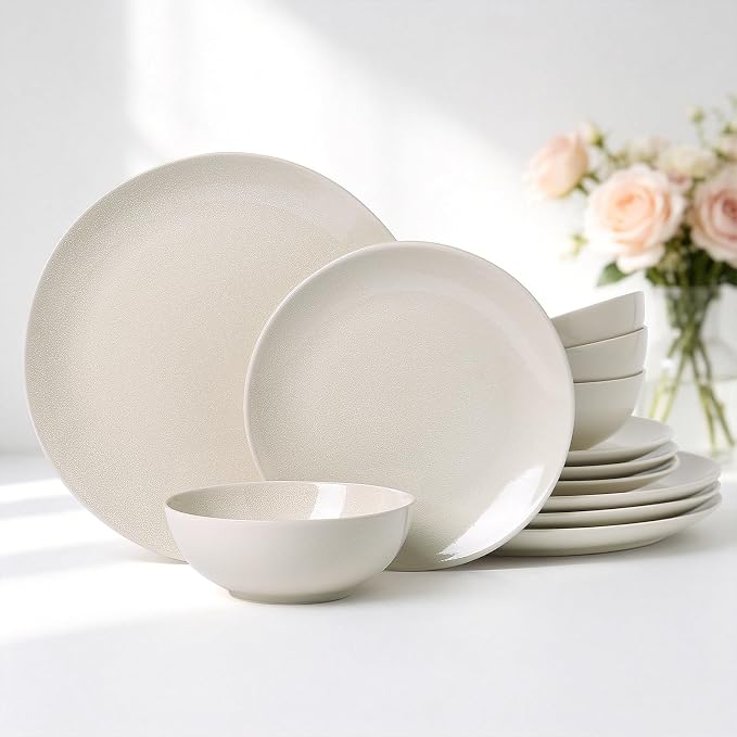 Ceramic Dinnerware Sets for 4,12 Pieces Plates and Bowls Sets, Plates Pasta Bowls Soup Bowls, Modern Stoneware Dishes, Reaction Glaze (White)