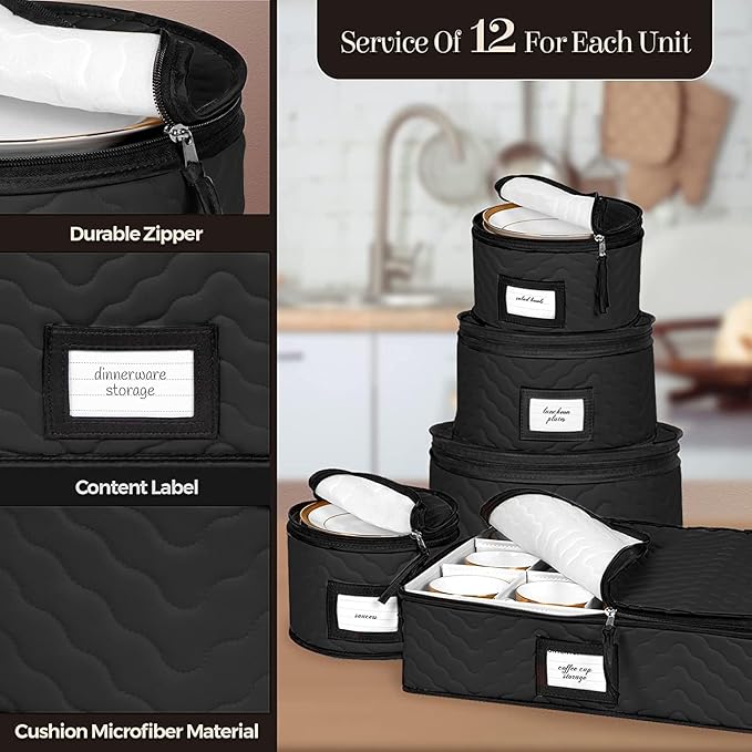 China Storage Containers 5-Piece Set Moving Boxes for Dinnerware, Glasses, Plates, Mugs and Saucers Sturdy Quilted Microfiber Dish Organizer with Dividers for Seasonal Storage - Holds Set of 12, Black