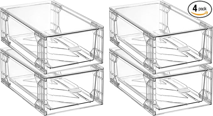 Clear Acrylic Stackable Storage Drawers, Plastic Organizer Bins with Handles for Undersink, Cabinet, Fridge, Closet, Pantry, Office, Bathroom, Kitchen(4 Pack)