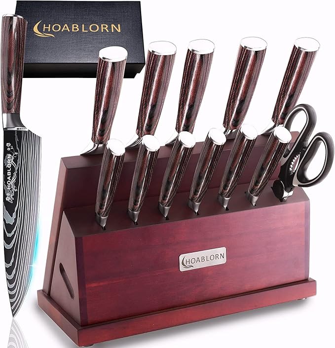 Kitchen Knives Set with Block HOABLORN Luxury 19pcs Magnetic Block Knife Sets :Acacia Knife Holder with Strong Magnet Heart,Damascus Kitchen Knives German Stainless Steel The One for Your Chefs