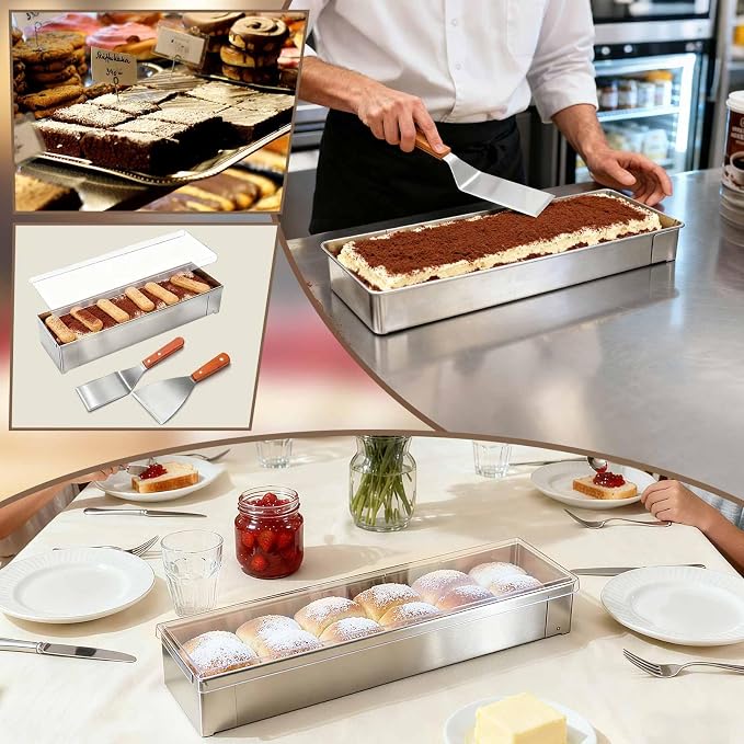 Blushtier 12 Nonstick Rectangle Tiramisu Cake Pan with Acrylic Lid and 2 Metal Spatula Removable Frame 304 Stainless Steel Cake Baking Molds for Tiramisu Cheesecake Mousse (15.75 x 3.94 x 2.56 Inch)