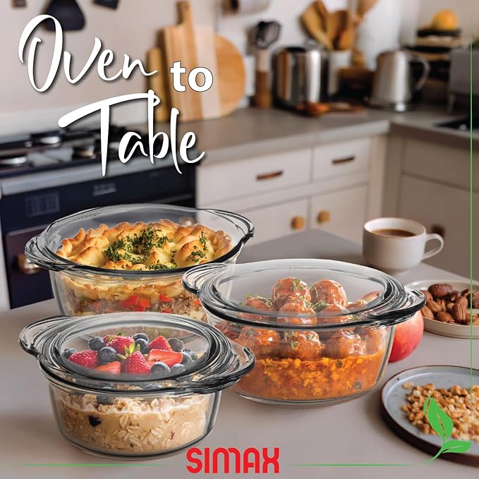 Simax Glass Casserole Dishes for Oven, Set of 3, 1.50, 1.75 & 3 Qt | With Lids, For Oven, Baking Dishes, Lead-Free Cookware