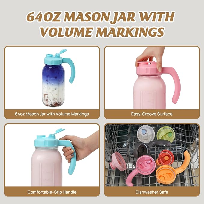 Soligt Glass Mason Jar Pitcher with Lid, Wide Mouth Flip Cap Pour Spout Leak-proof Lid with Handle, 64 oz (2 Quart / 1.9 Liter), for Iced Coffee/Sun Tea Juice/Cold Brew Coffee/Milk (1Pack, Baby Blue)