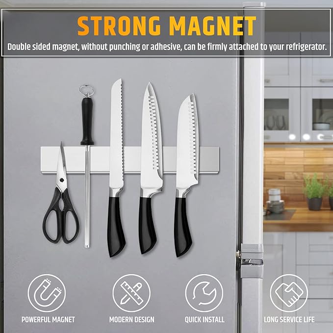 Fridge Applicable 12 Inch Double Sided Magnetic Knife Holder - Stainless Steel Knife Strip With Powerful Magnetic Pull Force - Use as Kitchen Knife Holder, Knife Rack & Tool Holder - Silver