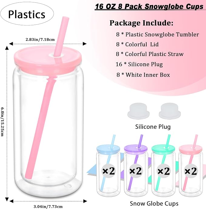 16 oz Plastic Snow Globe Tumbler, 8 Pack Double Wall Snowglobe Tumbler with Pre Drilled Hole, Plastic Mason Jar Cups Can for Snow Globe Glitter DIY (Mixed Colors)