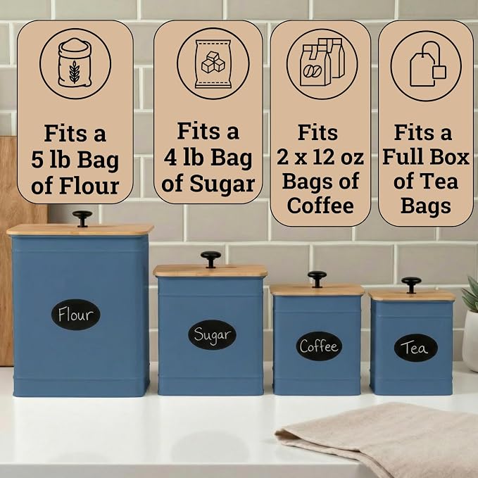 Kitchen Canisters for Countertop Set of 4 w/ Chalkboard Labels & Marker Pen | Airtight Easy Open Bamboo Lids, Dent-Resistant Thick Metal, Customizable Chalkboard Labels, Marker Pen Included, Set of 4