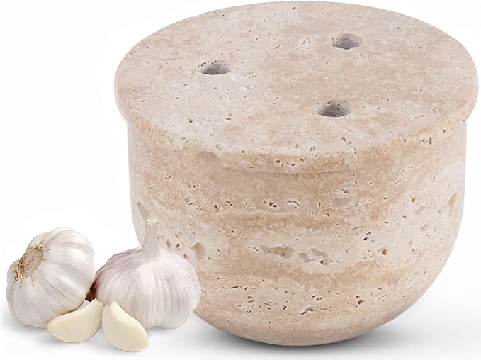 Radicaln Marble Garlic Keeper With Lid 4.5 Inch Travertine Handmade Garlic Storage and Garlics Container For Kitchen, Keep Fresh Garlic Cloves, Ideal Garlic Keeper for Counter