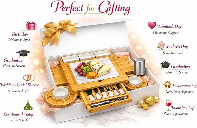 Charcuterie Board Set with Drawer & Bowls, Bamboo Cheese Board with Knife Set & Stainless Steel Bottle Opener, Large Serving Board for Entertaining, Housewarming & Wedding Gifts