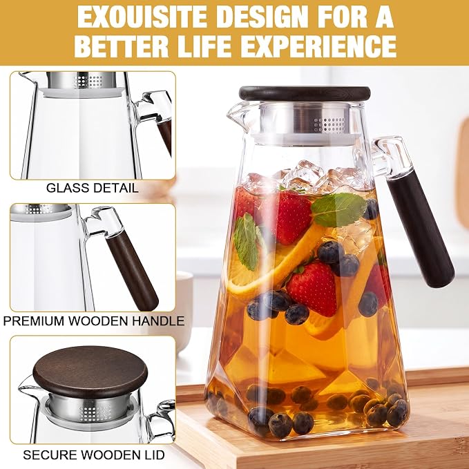 60 oz 1.8l Glass Pitcher with Lid, Borosilicate Glass Carafe with Solid Walnut Handle, Spout, Heat-resistant Beverage Jug for Iced Tea, Lemonade, Cold Brew, Fridge Safe(Clear)