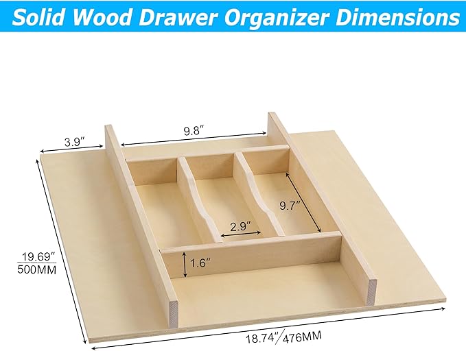 WelFurGeer Premium Wooden Silverware Organizer for Kitchen Drawers, Utensil Tray for Kitchen Drawer, Cutlery Drawer Organizer for Forks, Spoons, Knives - Sturdy Birchwood, Natural Finish