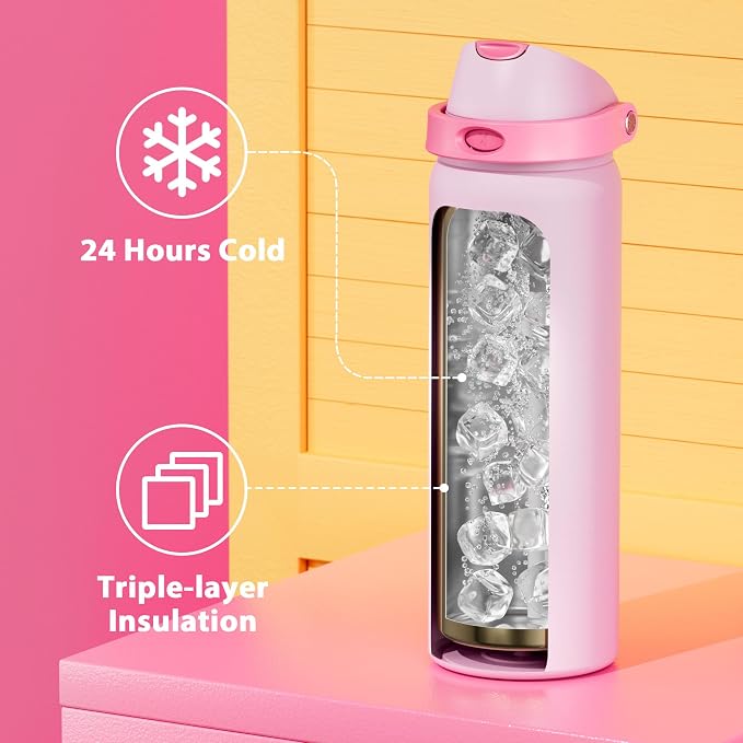 32 oz Insulated Water Bottle for Sports: Meoky Stainless Steel Water Bottle with 2-in-1 Straw and Spout Lid - Leak Proof, Cold for 24 Hours, Protective Silicone Base, BPA-Free for Women Gym, Blush