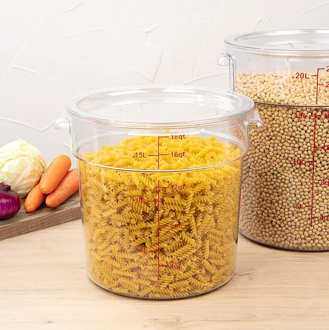 Restaurantware Met Lux 18 Quart Food Storage Container, 1 Round Commercial Storage Container - Lid Sold Separately, With Volume Markers, Clear Plastic Food Prep Bucket, Space-Saving Storage