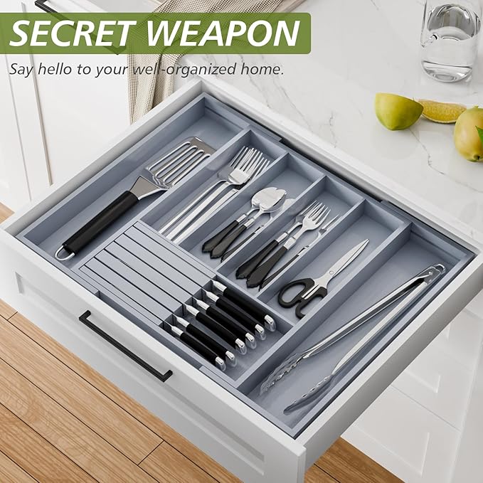 Bamboo Kitchen Silverware Drawer Organizer - Expandable Wood Utensil Holder with Dividers, Luxury Cutlery Storage Tray for Kitchen Utensil and Flatware (5-7 Slots with Removable Knife Block, Grey)